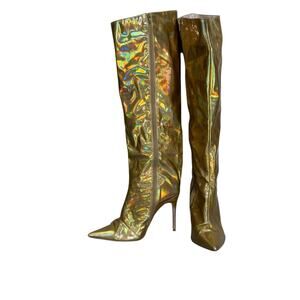 Public Desire Tai Gold Metallic Pointed Toe Stiletto Knee High Boots size 8W